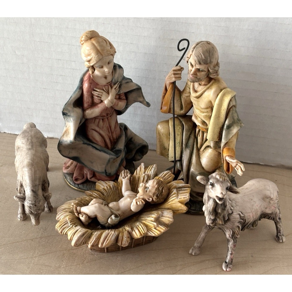 Vtg Fontanini Mary Joseph Jesus Manger 2 Sheep Spider Italy Nativity Christmas
